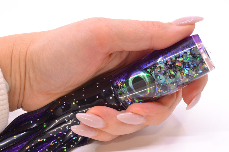 Moyes Lures S&P MOP Purple Back Taxi Eyes Small Shotgun 9" 4oz Skirted Black/Purple