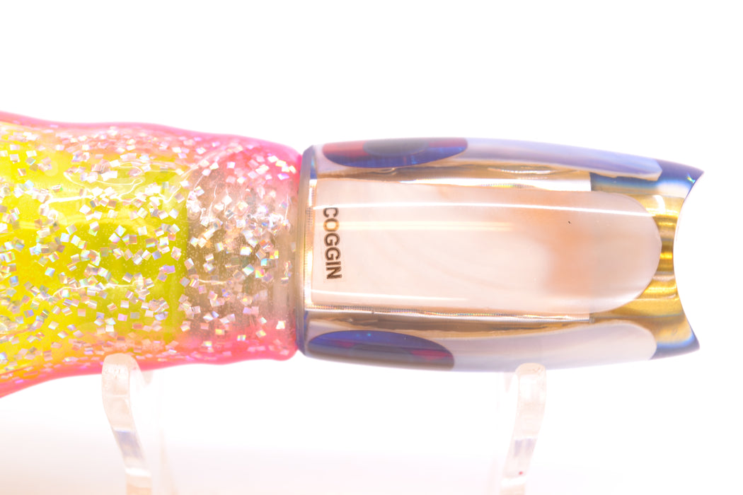 Coggin Lures White MOP Blue Back 4-Hole Hualalai Tado Scoop 7" 3oz Skirted Holo-Blue Bars