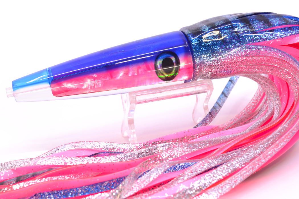 Moyes Lures Pink MOP Blue Back Taxi Eyes Ono Rocket 9" 8oz Skirted Blue Aurora GZE