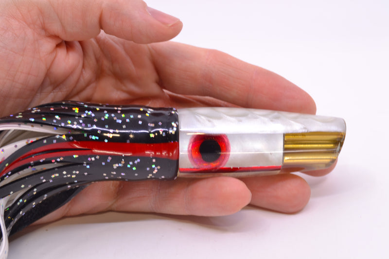 Big Reidee Lures White MOP White Back 4-Hole Cut Face 9" 5.4oz Skirted Black/White