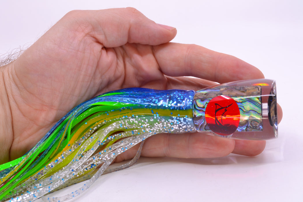 Bonze Lures Paua Shell Red Eyes D Shackle 9" 3.5oz Skirted Blue-Yellow-Silver