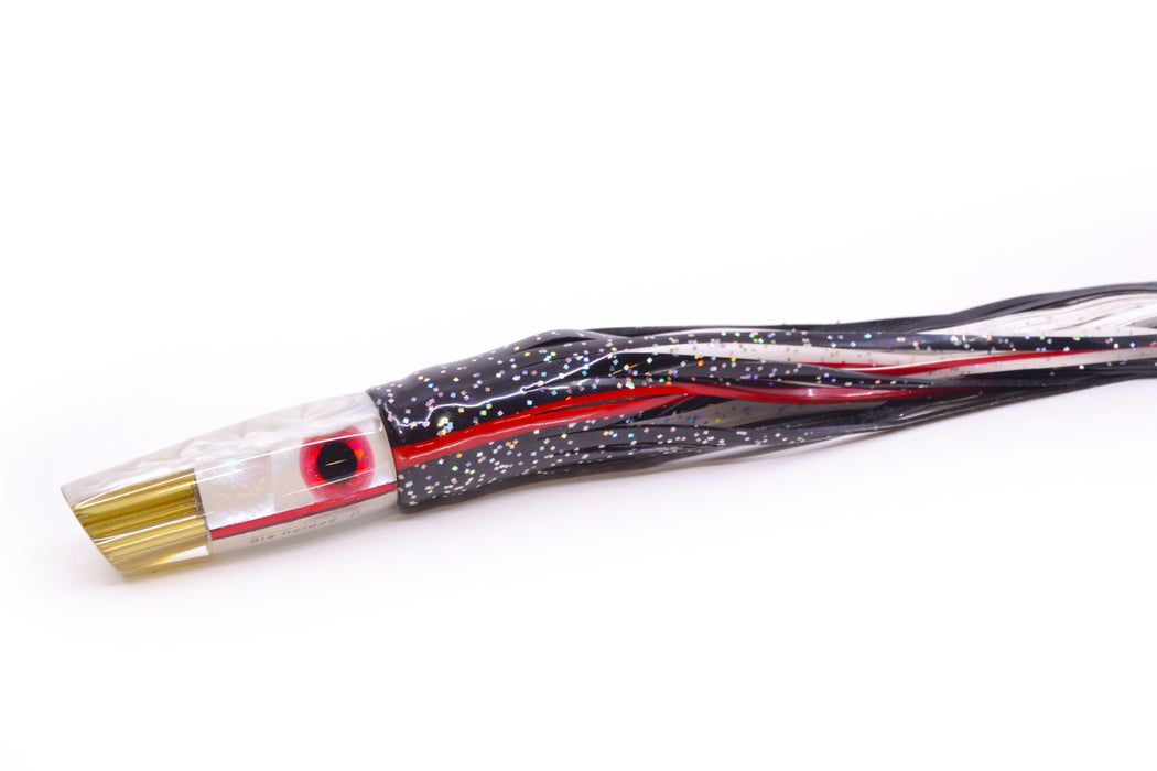 Big Reidee Lures White MOP White Back 4-Hole Cut Face 9" 5.4oz Skirted Black/White