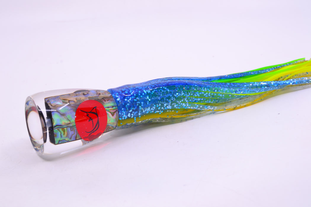 Bonze Lures Paua Shell Red Eyes D Shackle 9" 3.5oz Skirted Blue-Yellow-Silver