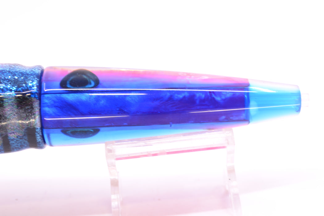 Moyes Lures Pink MOP Blue Back Taxi Eyes Ono Rocket 9" 8oz Skirted Blue Aurora GZE