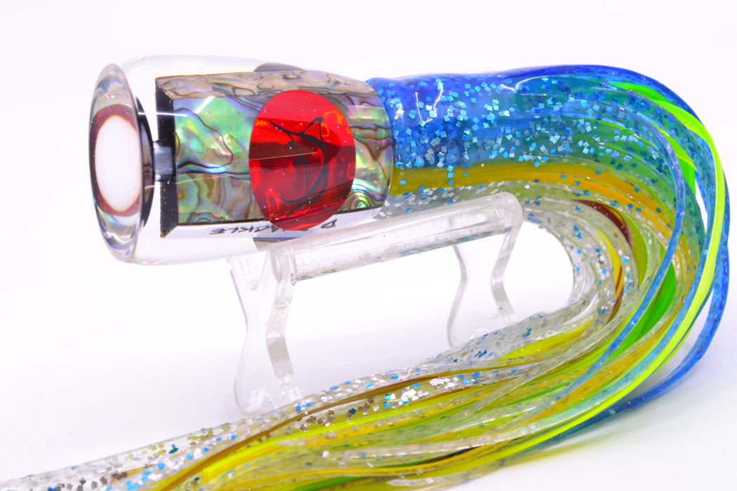 Bonze Lures Paua Shell Red Eyes D Shackle 9" 3.5oz Skirted Blue-Yellow-Silver