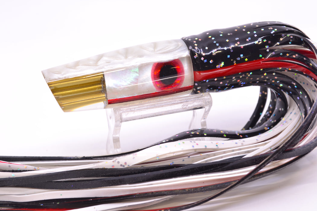 Big Reidee Lures White MOP White Back 4-Hole Cut Face 9" 5.4oz Skirted Black/White