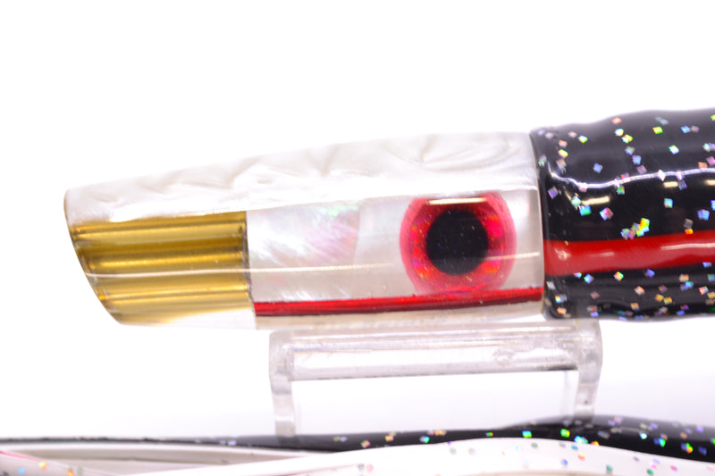 Big Reidee Lures White MOP White Back 4-Hole Cut Face 9" 5.4oz Skirted Black/White