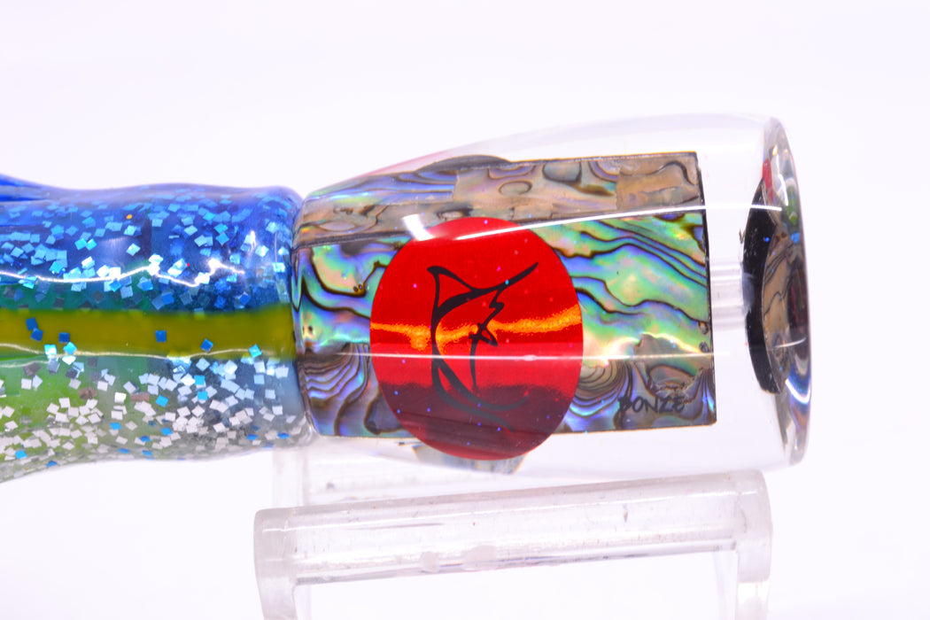 Bonze Lures Paua Shell Red Eyes D Shackle 9" 3.5oz Skirted Blue-Yellow-Silver