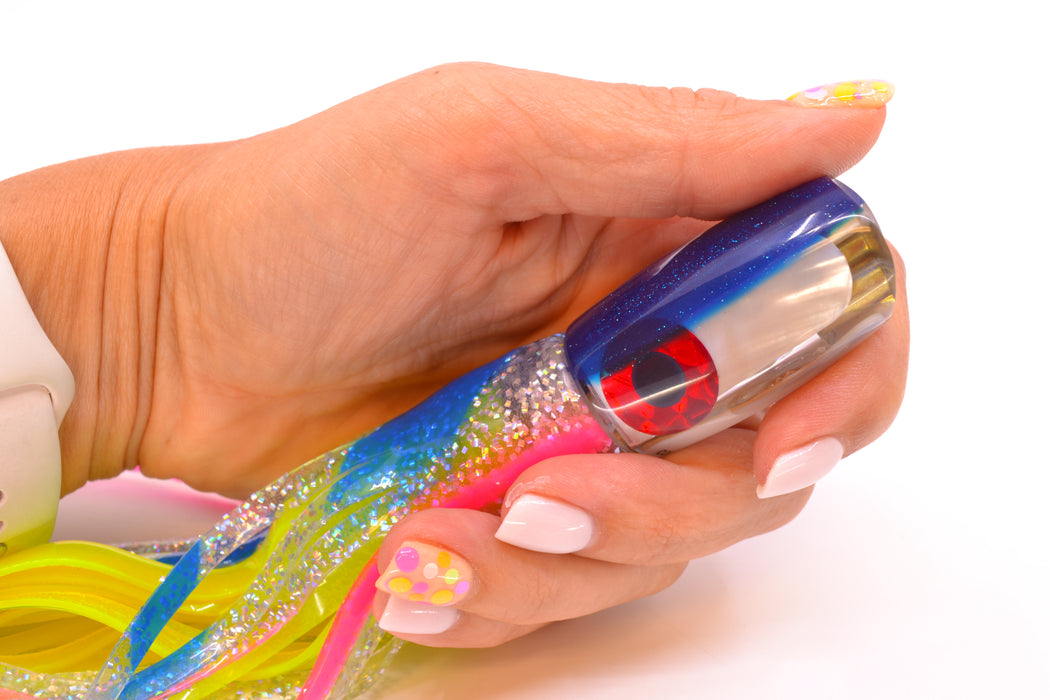 Coggin Lures White MOP Blue Back 4-Hole Hualalai Tado Scoop 7" 3oz Skirted Holo-Blue Bars