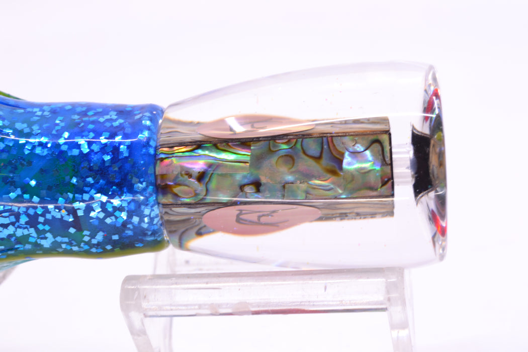 Bonze Lures Paua Shell Red Eyes D Shackle 9" 3.5oz Skirted Blue-Yellow-Silver