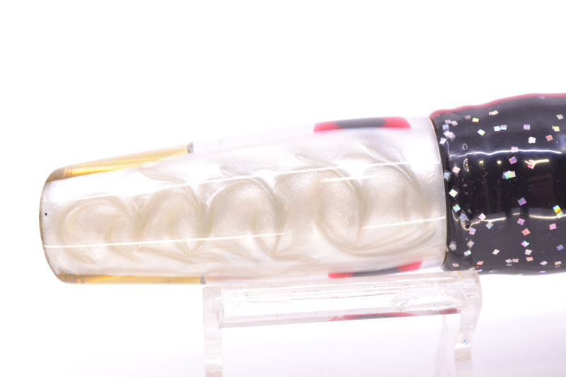 Big Reidee Lures White MOP White Back 4-Hole Cut Face 9" 5.4oz Skirted Black/White