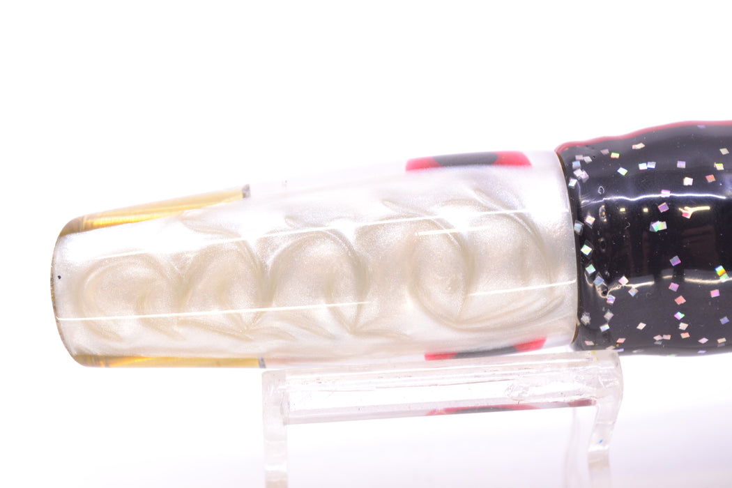 Big Reidee Lures White MOP White Back 4-Hole Cut Face 9" 5.4oz Skirted Black/White