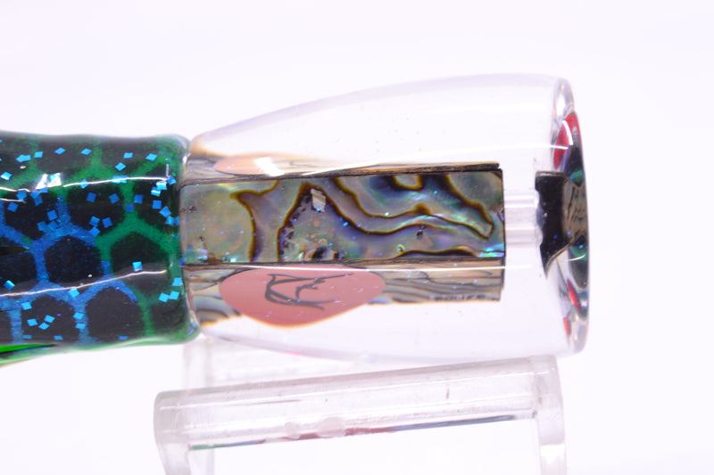 Bonze Lures Paua Shell Red Eyes D Shackle 9" 3.5oz Skirted Black Dots-Blue Dots