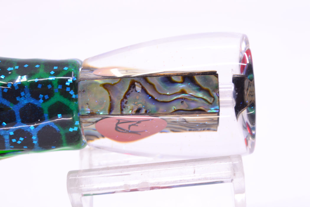 Bonze Lures Paua Shell Red Eyes D Shackle 9" 3.5oz Skirted Black Dots-Blue Dots