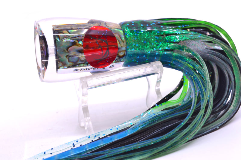 Bonze Lures Paua Shell Red Eyes D Shackle 9" 3.5oz Skirted Black Dots-Blue Dots