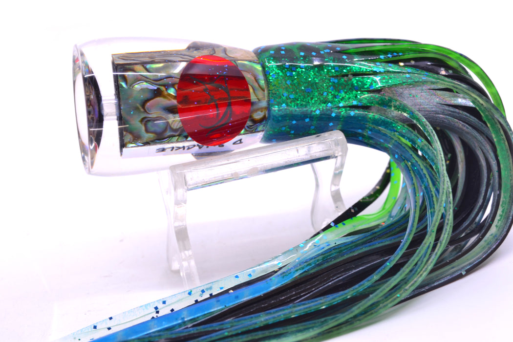 Bonze Lures Paua Shell Red Eyes D Shackle 9" 3.5oz Skirted Black Dots-Blue Dots