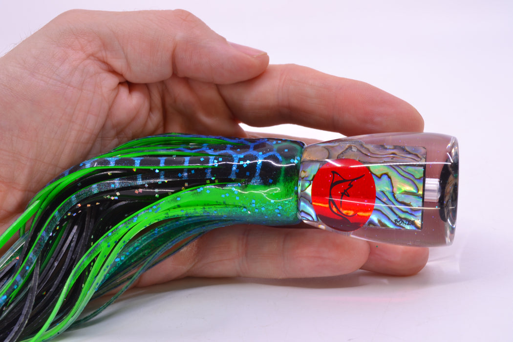 Bonze Lures Paua Shell Red Eyes D Shackle 9" 3.5oz Skirted Black Dots-Blue Dots