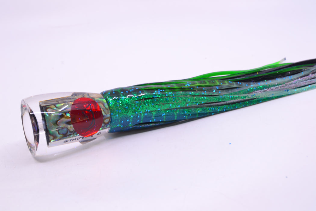 Bonze Lures Paua Shell Red Eyes D Shackle 9" 3.5oz Skirted Black Dots-Blue Dots