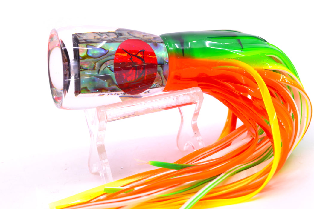 Bonze Lures Paua Shell Red Eyes D Shackle 9" 3.5oz Skirted Guacamaya