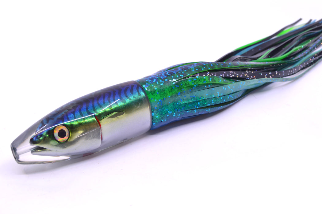 JB Signature Lures Green-Blue Mackerel Medium Barrel Bomb 9" 5.5oz Skirted GZE