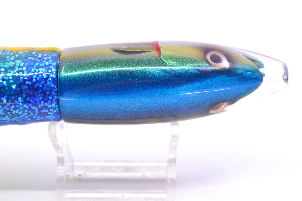 JB Signature Lures Bleeding Blue-Gold-Silver Fish Head Medium Barrel Bomb 9" 5.5oz Skirted GZE