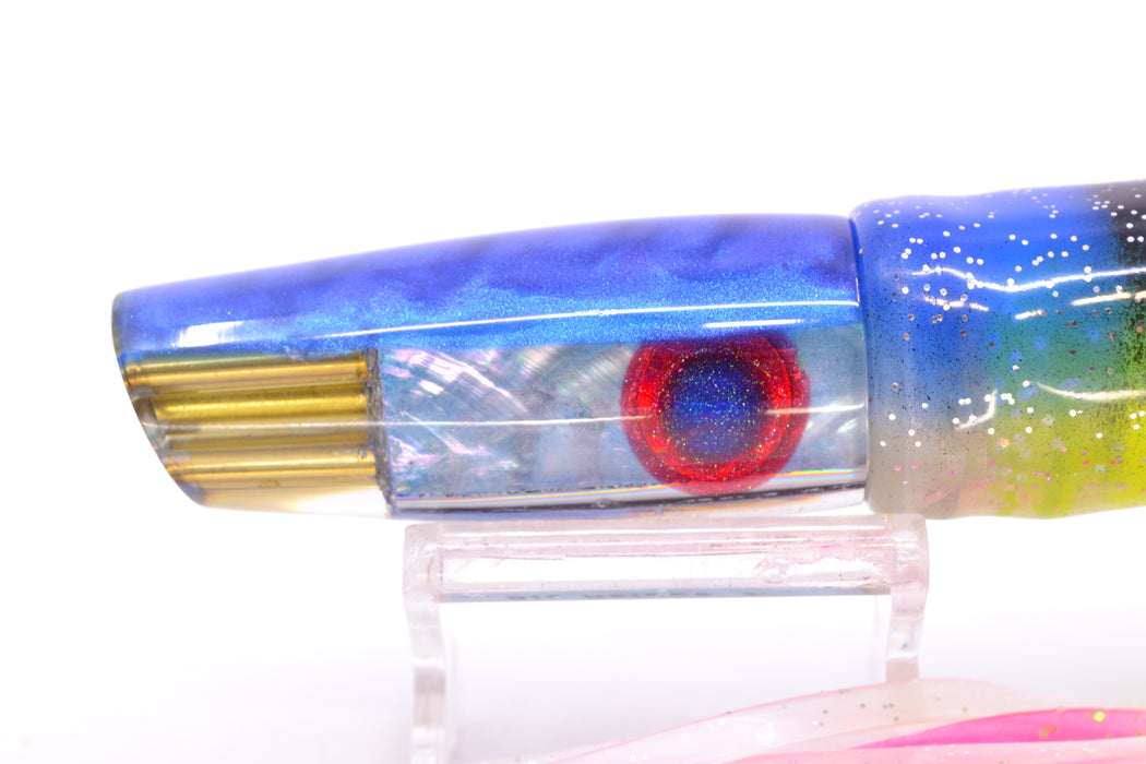 Big Reidee Lures Ice Blue MOP Blue Back 4-Hole Cut Face 9" 5.4oz Skirted Fruit Salad