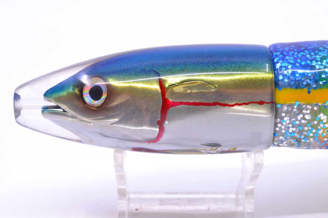 JB Signature Lures Bleeding Blue-Gold-Silver Fish Head Medium Barrel Bomb 9" 5.5oz Skirted GZE