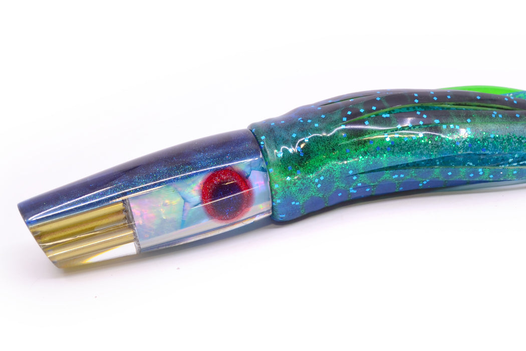 Big Reidee Lures Ice Blue Awabi Blue Back 4-Hole Cut Face 9" 5.4oz Skirted Black & Blue Dots