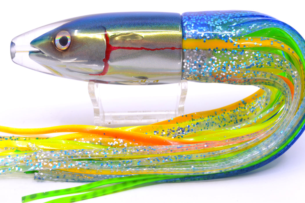 JB Signature Lures Bleeding Blue-Gold-Silver Fish Head Medium Barrel Bomb 9" 5.5oz Skirted GZE
