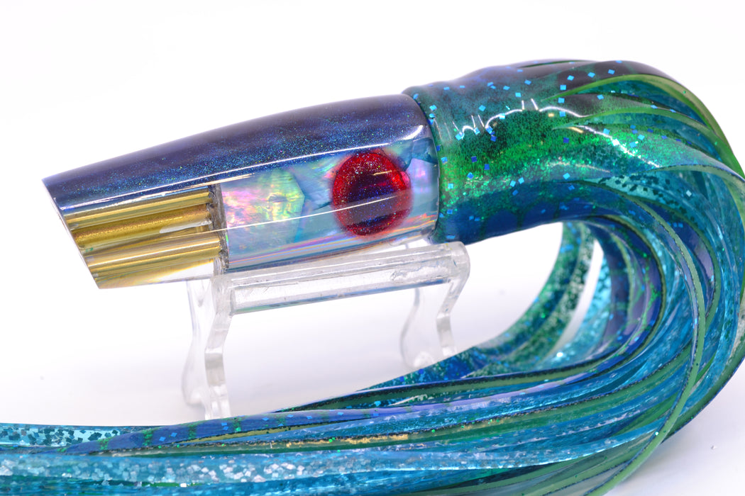 Big Reidee Lures Ice Blue Awabi Blue Back 4-Hole Cut Face 9" 5.4oz Skirted Black & Blue Dots