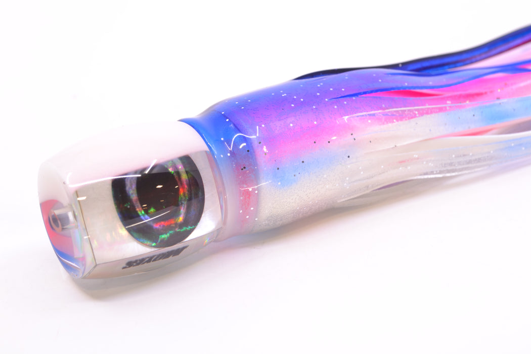 Moyes Lures White MOP White Back Taxi Eyes Small Secret 9" 3oz Skirted Blue-White/Pink