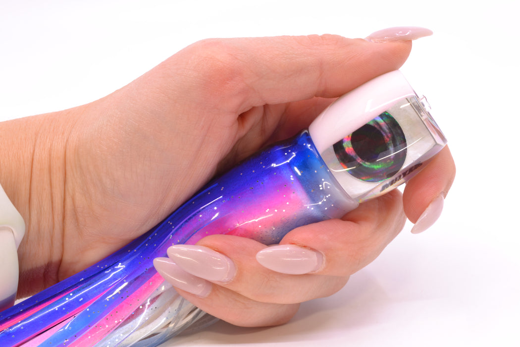 Moyes Lures White MOP White Back Taxi Eyes Small Secret 9" 3oz Skirted Blue-White/Pink