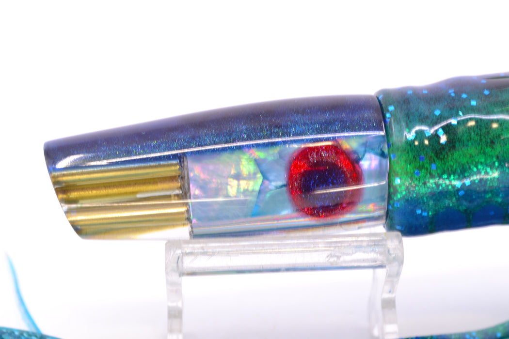 Big Reidee Lures Ice Blue Awabi Blue Back 4-Hole Cut Face 9" 5.4oz Skirted Black & Blue Dots