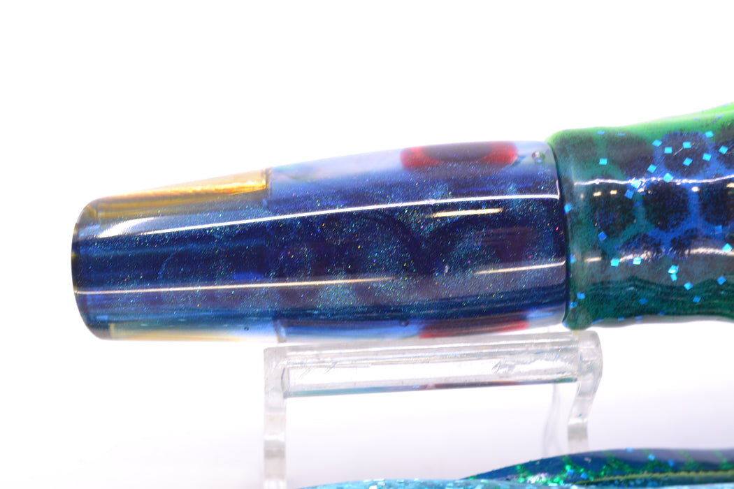 Big Reidee Lures Ice Blue Awabi Blue Back 4-Hole Cut Face 9" 5.4oz Skirted Black & Blue Dots