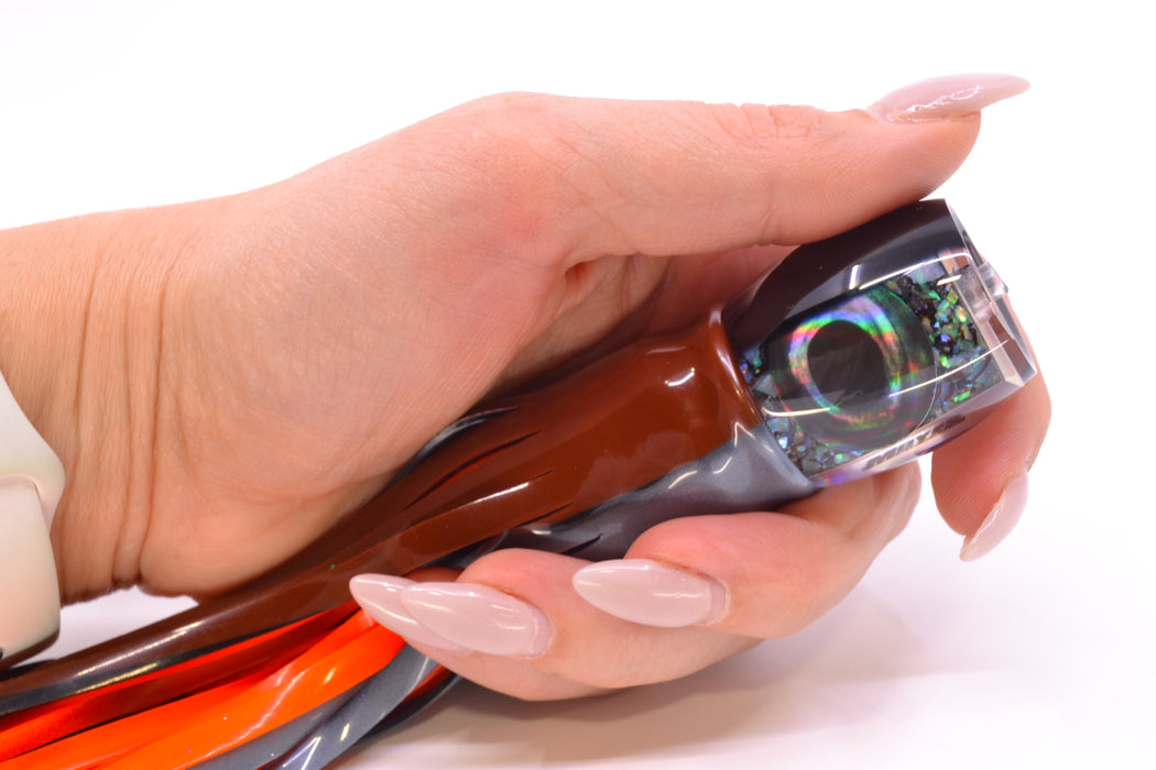 Moyes Lures S&P MOP Black Back Taxi Eyes Small Secret 9" 3oz Skirted Root Beer-Silver