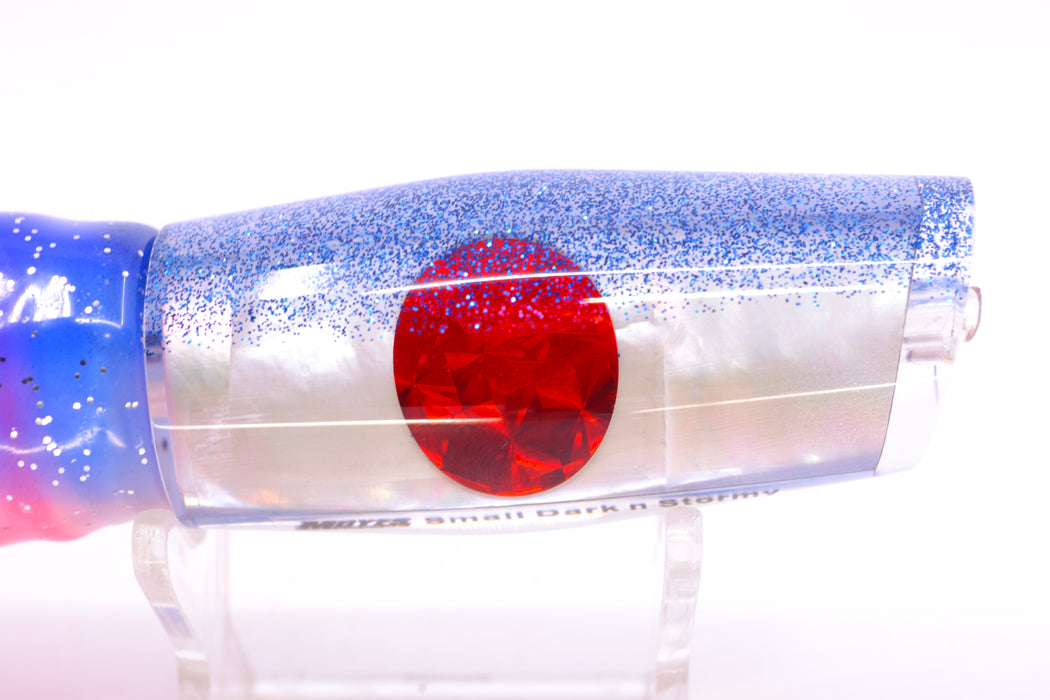 Moyes Lures White MOP Blue Glitter Back Red Eyes Small Dark-N-Stormy 9" 4.5oz Skirted