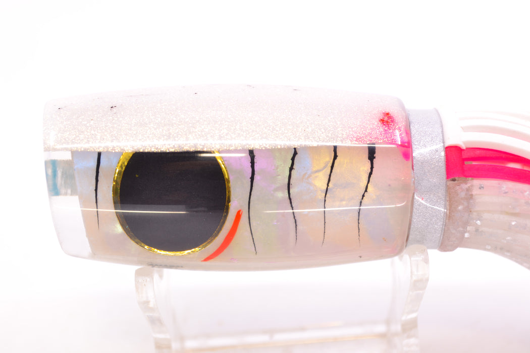 Amaral Lures White Iridescent Pearl Black Stripes White Back Black Eyes Caninana 11" 4oz