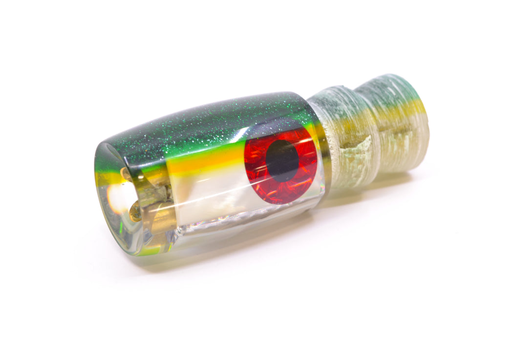 Coggin Lures Real White MOP Green-Yellow Back Black-Red Eyes 4-Hole Hualalai Tado Invert 7" 3oz