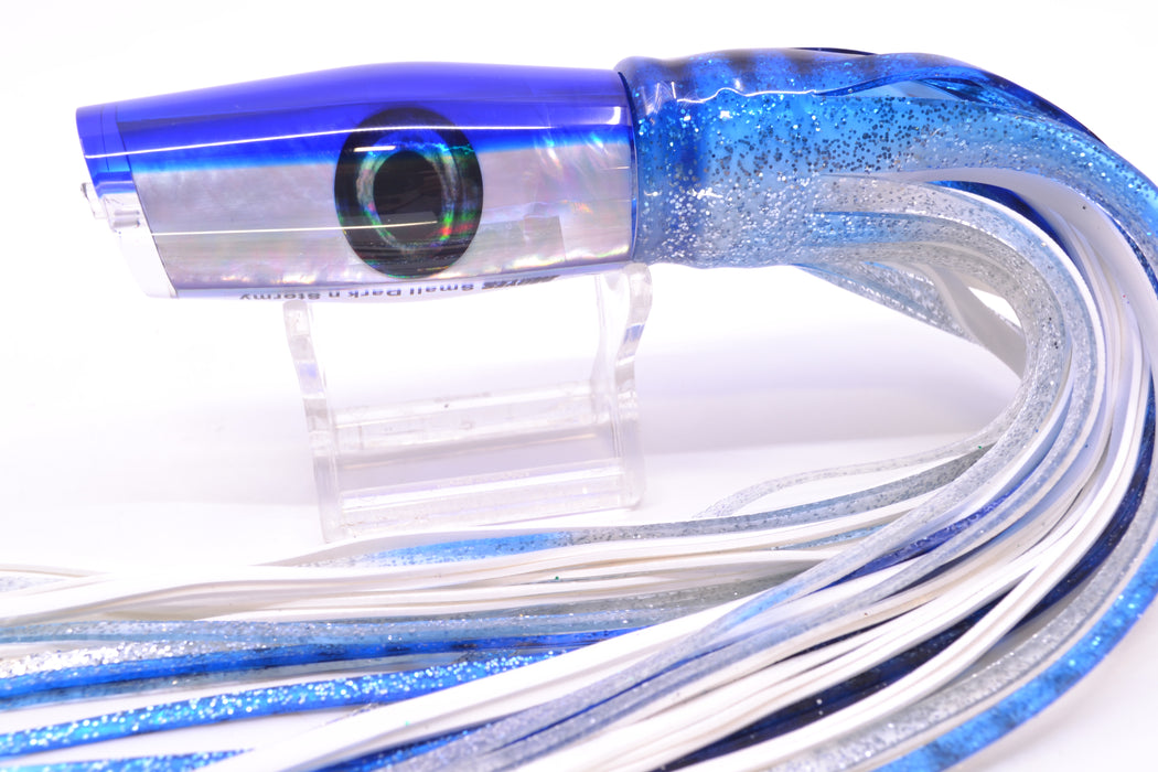 Moyes Lures White MOP Blue Back Small Dark-N-Stormy 9" 4.5oz Skirted Blue Aurora *SCRATCHED*