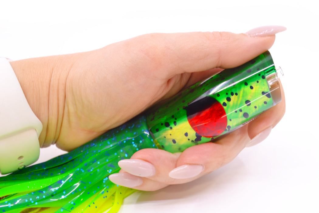 Moyes Lures Mahi MOP Green Back Red Eyes Small Dark-N-Stormy 9" 4.5oz Skirted Mahi