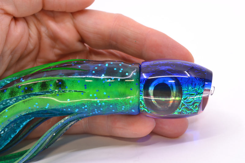 Moyes Lures Green-Blue Oil Slick Blue Back Taxi Eyes NEW Small Blaster 9" 4.5oz Skirted