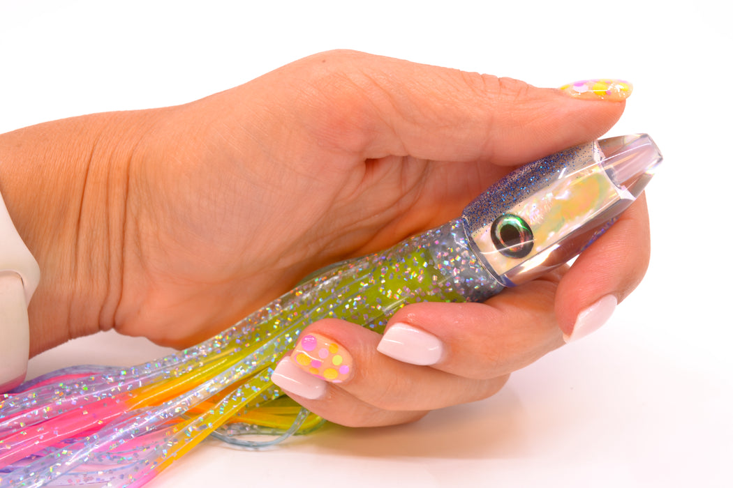 Moyes Lures White Awabi Blue Glitter Back Taxi Eyes Poon 5" 2oz Skirted Ice Blue/Rainbow