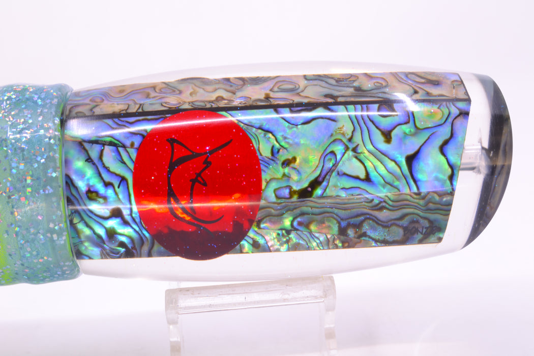 Bonze Lures Paua Shell Red Eyes Dog Bollocks 16" 20oz Skirted Ice Blue/Rainbow