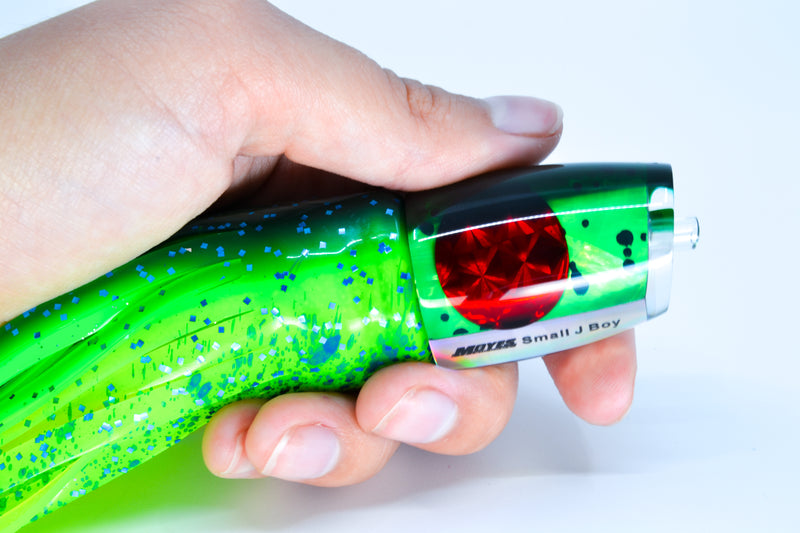 Moyes Lures Mahi MOP Green Back Red Eyes Small J-Boy 9" 5oz Skirted Mahi GZE