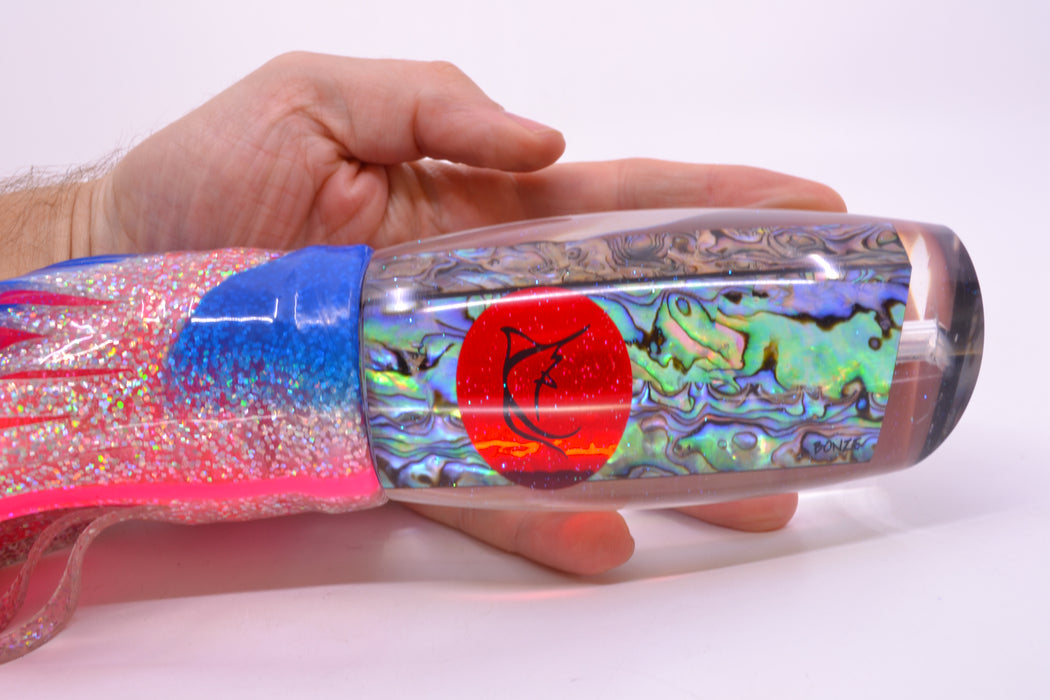 Bonze Lures Paua Shell Red Eyes Dog Bollocks 16" 20oz Skirted Holo-Blue Bars/Pink