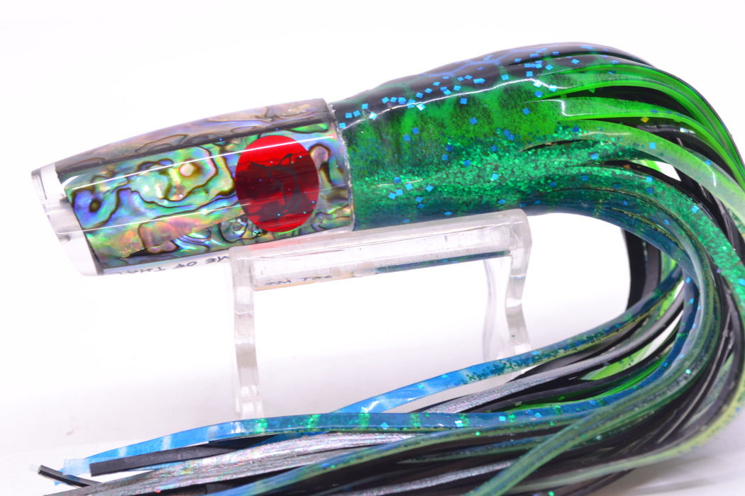 Bonze Lures Paua Shell Red Eyes Get Me Some of That 7" 3.4oz Skirted Black Dots-Blue Dots