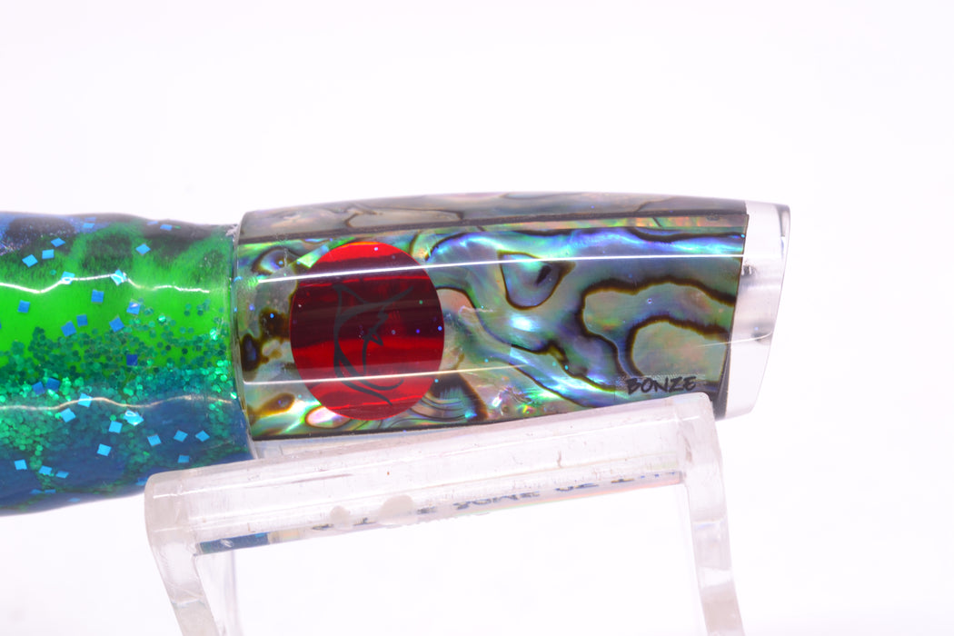 Bonze Lures Paua Shell Red Eyes Get Me Some of That 7" 3.4oz Skirted Black Dots-Blue Dots