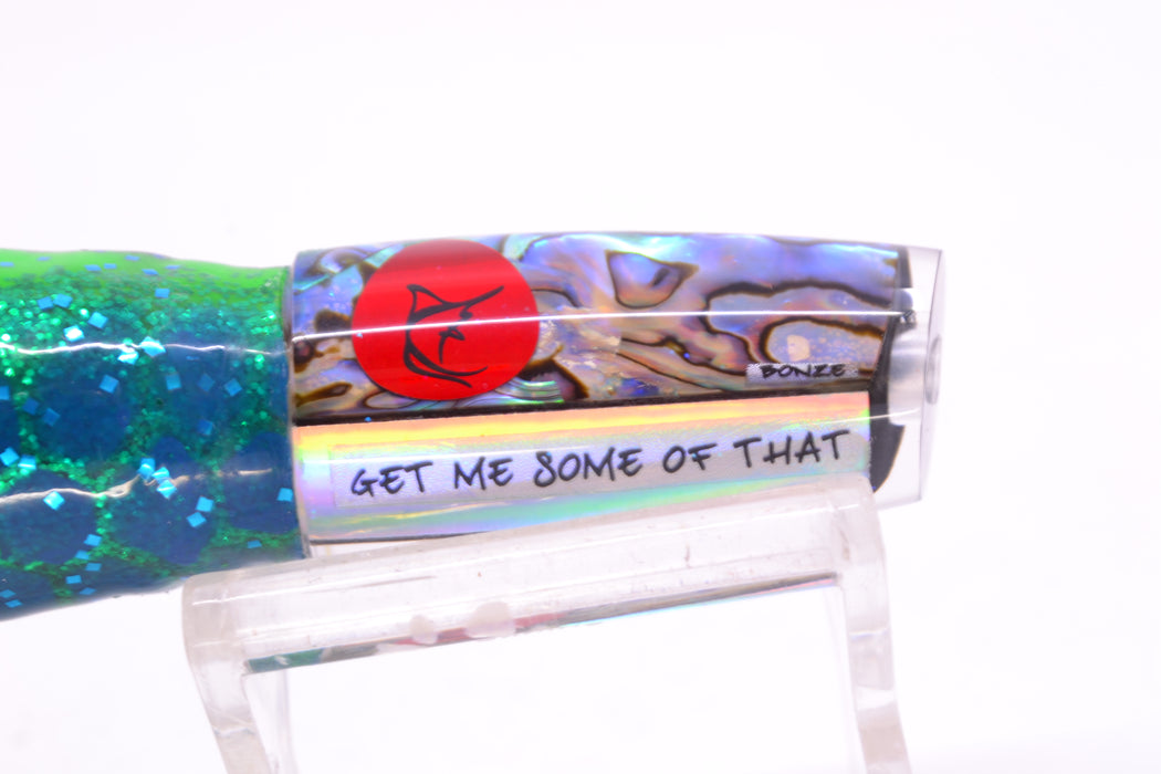 Bonze Lures Paua Shell Red Eyes Get Me Some of That 7" 3.4oz Skirted Black Dots-Blue Dots