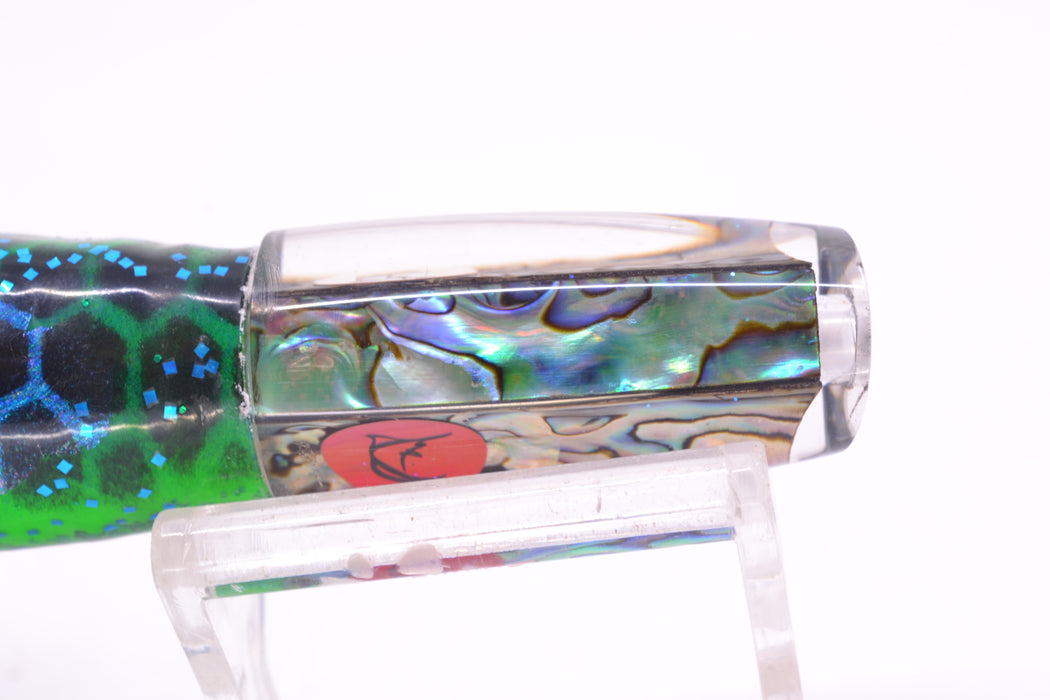 Bonze Lures Paua Shell Red Eyes Get Me Some of That 7" 3.4oz Skirted Black Dots-Blue Dots