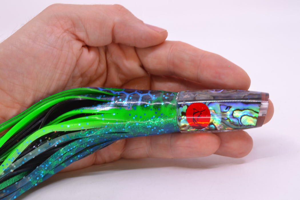 Bonze Lures Paua Shell Red Eyes Get Me Some of That 7" 3.4oz Skirted Black Dots-Blue Dots